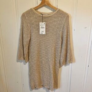 Zara Women's Tan Knit Bell Sleeve Mini Dress with Sparkle Detail